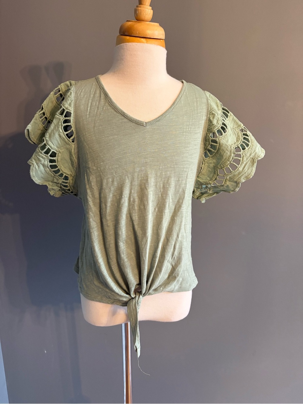 Tahari Olive Green Tie-Front Top with Crochet Flutter Sleeves